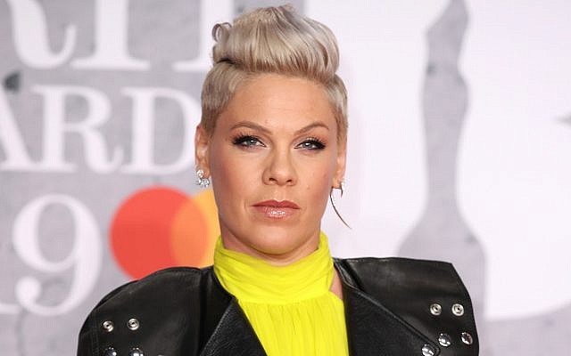 US singer Pink attends The BRIT Awards 2019 held at The O2 Arena in London, February 20, 2019. (Mike Marsland/ WireImage via Getty Images/via JTA)