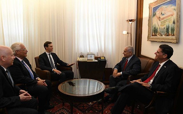 Then-prime minister Benjamin Netanyahu (2nd from right) meets at his Jerusalem office with the ambassador to the US, Ron Dermer (right); White House adviser Jared Kushner (center); US ambassador David Friedman (second left); and special envoy Jason Greenblatt, on July 31, 2019. (Kobi Gideon/GPO)
