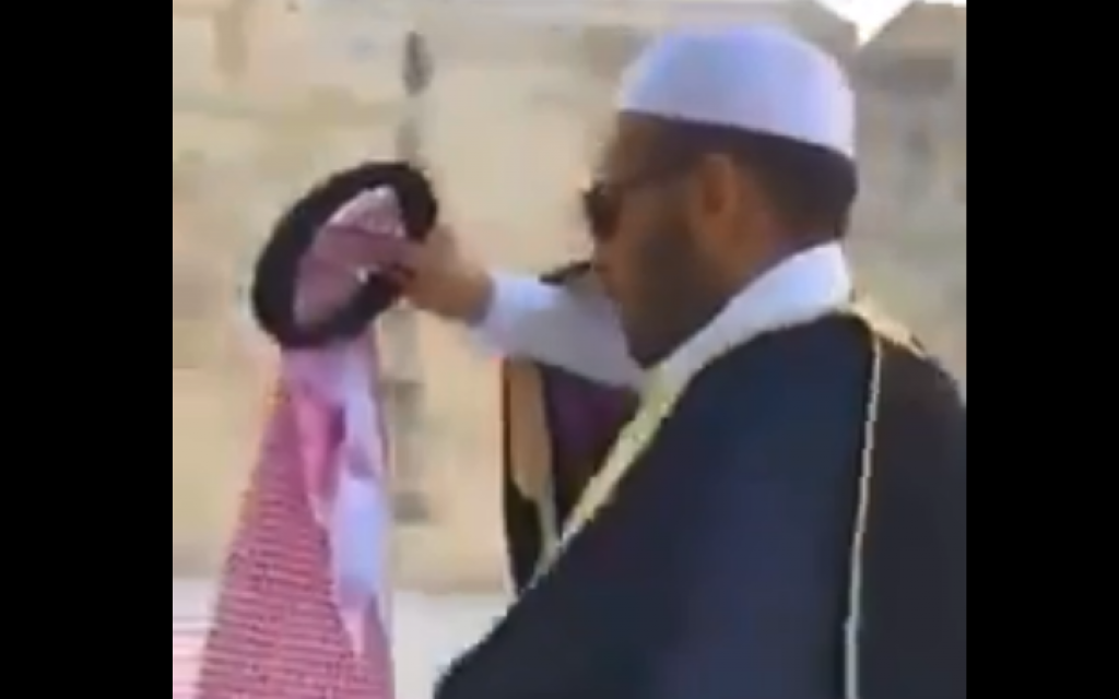 A screenshot from a video clip of Saudi blogger Mohammed Saud being harassed as he visited the Temple Mount in Jerusalem's Old City on July 22, 2019. (Screen capture: Twitter)