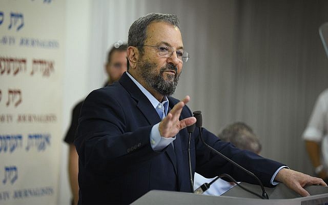 Former PM Ehud Barak speaks during a press conference announcing the establishment of a new political party in Tel Aviv, June 26, 2019. (Flash90)