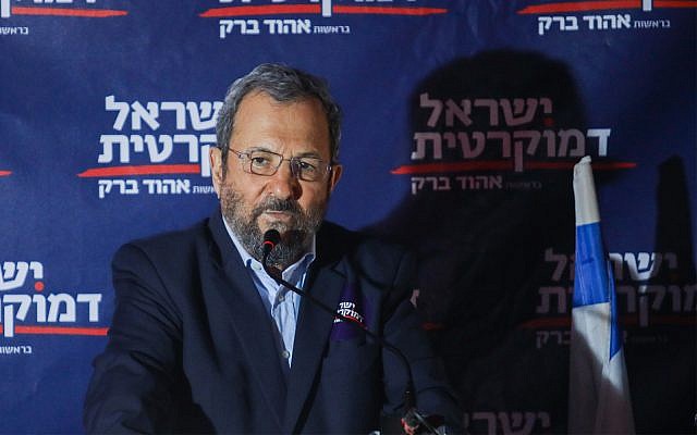 Ehud Barak, head of the Israel Democratic Party speaks during an election campaign event in Tel Aviv on June 26, 2019. (Hadas Parush/Flash90)