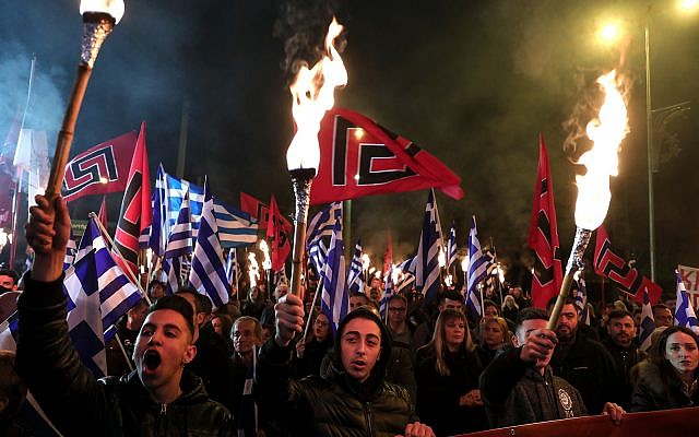 Supporters of Greece's far-right Golden Dawn party at a rally in Athens, February 2, 2019. (AP Photo/Yorgos Karahalis)