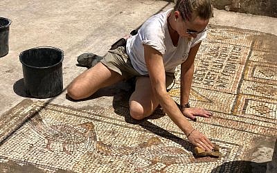 Conservation manager Yana Vitkalov cleans a mosaic at the 'Burnt Church' at the Hippos-Sussita Excavation Project at the Susita National Park, summer 2019. (courtesy)