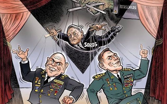 Illustrative: Ben Garrison drew this cartoon in 2017. It shows George Soros being manipulated by a hand of the Rothschilds, and Soros in turn manipulating Trump’s former National Security Adviser H.R. McMaster and retired Gen. David Petraeus. (Ben Garrison/Twitter via JTA)