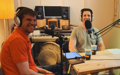 Michael Eisenberg of Aleph VC, left, and Bradley Tusk, the founder and CEO of Tusk Holdings, during the recording of the Firewall Special Israel Edition podcast (Courtesy)