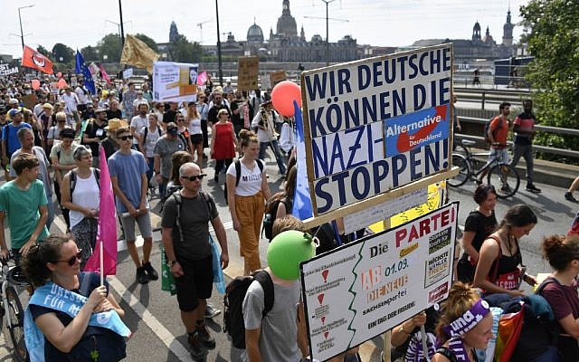 Protesters take part in a demonstration titled "Unteilbar" (indivisible) against exclusion on August 24, 2019 in Dresden, eastern Germany. (John MACDOUGALL/AFP)