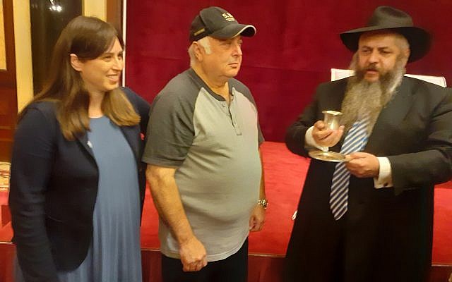 Deputy Foreign Minister Tzipi Hotovely, left, Ukrainian Chief Rabbi Reuven Azman, right, and Kyiv resident Felix Gelfer, a Ukrainian Jew who was circumcised earlier in the day in honor of Prime Minister Benjamin Netanyahu's visit to Kyiv, Ukraine, on August 20, 2019. (Raphael Ahren/Times of Israel)