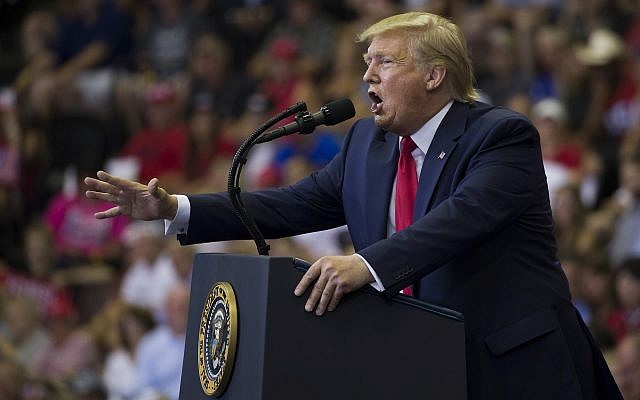 US President Donald Trump speaks at a campaign rally on August 1, 2019, in Cincinnati. (AP Photo/Alex Brandon)