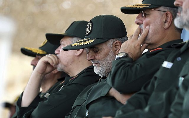 In this photo from June 30, 2018, Gen. Qassem Soleimani, center, who heads the IRGC's Quds Force, attends a graduation ceremony of a group of the guard's officers in Tehran, Iran. (Office of the Iranian Supreme Leader via AP)