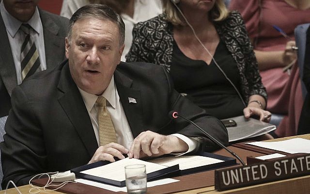 United States Secretary of State Michael Pompeo addresses a meeting of the United Nations Security Council on the Mideast, Tuesday Aug. 20, 2019 at UN headquarters. (AP Photo/Bebeto Matthews)