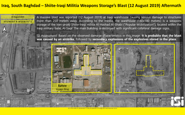Satellite photo of a weapons depot in southern Baghdad controlled by a pro-Iranian militia that was hit in an alleged Israeli operation on August 12, 2019. (ImageSat International)