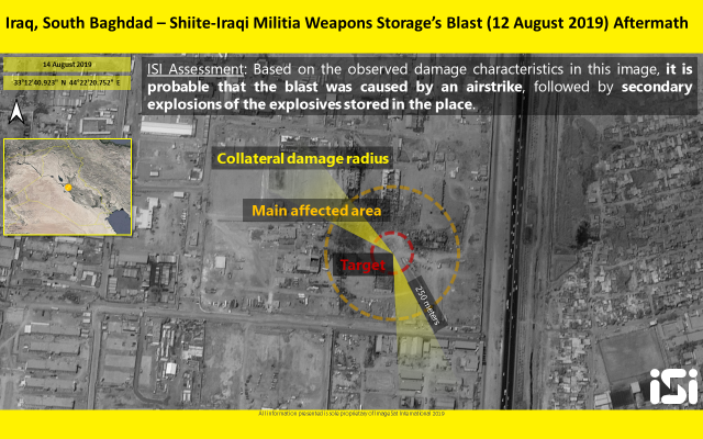 Satellite photo of a weapons depot in southern Baghdad controlled by a pro-Iranian militia that was hit in an alleged Israeli operation on August 12, 2019. (ImageSat International)