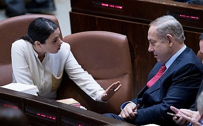 Prime Minister Benjamin Netanyahu with then-justice minister Ayelet Shaked, left, during a vote on the 2017-2018 state budget in the Knesset plenum, December 21, 2016. (Yonatan Sindel/Flash90)