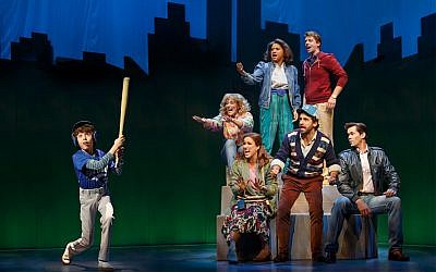 Anthony Rosenthal, Betsy Wolfe, Tracie Thoms, Christian Borle, Stephanie J. Block, Brandon Uranowitz and Andrew Rannells in the musical "Falsettos," currently on Broadway. (Joan Marcus via JTA)