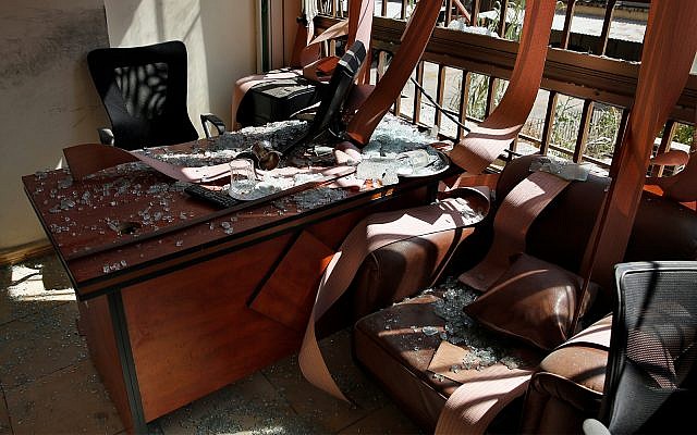 Damage is seen inside the media office of Hezbollahin a southern suburb of Beirut, Lebanon, August 25, 2019. (AP Photo/Bilal Hussein)
