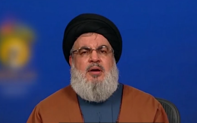 Hezbollah chief Hassan Nasrallah speaks on the 13th anniversary of the Second Lebanon War, August 16, 2019. (screenshot)