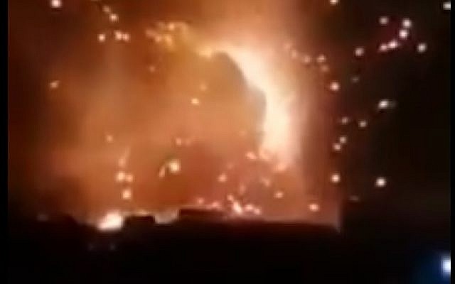 Illustrative: A still from a video purporting to show an Israeli strike on Iran-backed forces in Syria on August 24, 2019. (screen capture: Twitter)