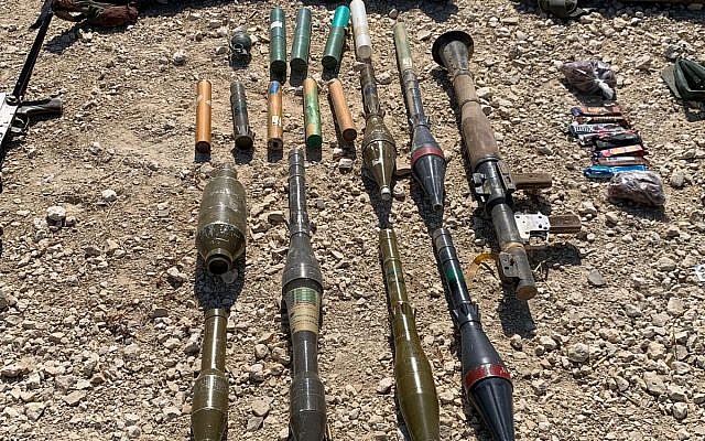 This photo shows RPGs and other weapons carried  by four Palestinians who attempted to infiltrate into Israel through the border fence with Gaza, August 10, 2019. (Israel Defense Forces)
