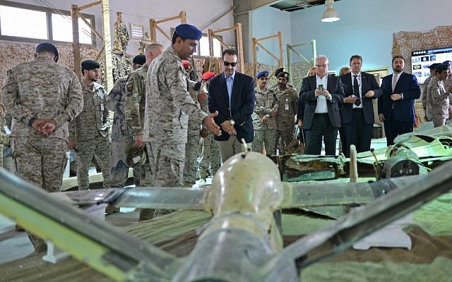 Saudi Colonel Turki bin Saleh al-Malki (Center-L) shows US Assistant Secretary of State for Near Eastern Affairs David Schenker (C) purportedly Iranian weapons seized by Saudi forces from Yemen's Houthi rebels, during a visit to a military base in Al-Kharj in central Saudi Arabia, on September 5, 2019. (Fayez Nureldine/AFP)