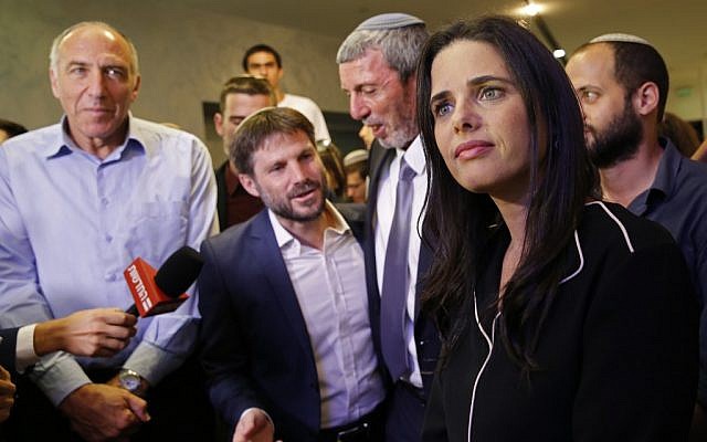 Ayelet Shaked (R), then-leader of the New Right party that is part of the Yamina political alliance, flanked by then-Jewish Home candidate Moti Yogev (L), National Union party leader Bezalel Smotrich (2nd-L), and Jewish Home party leader Rafi Peretz (C) at the alliance's headquarters in Ramat Gan, September 17, 2019. (Gil Cohen-Magen/AFP)
