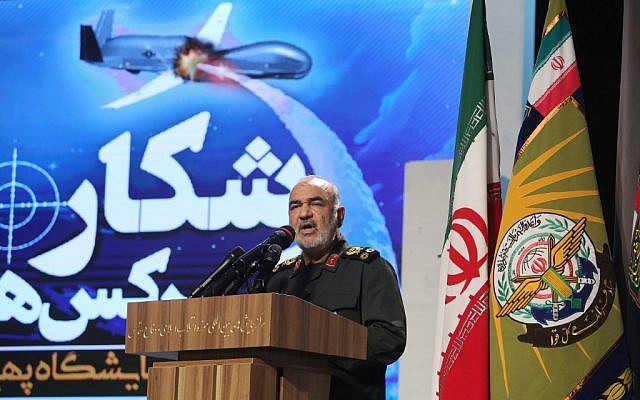 Islamic Revolutionary Guard Corps commander Maj. Gen. Hossein Salami at Tehran's Islamic Revolution and Holy Defense museum during the unveiling of an exhibition of what Iran says are US and other drones captured in its territory, in the capital Tehran on September 21, 2019. (Atta Kenare/AFP)