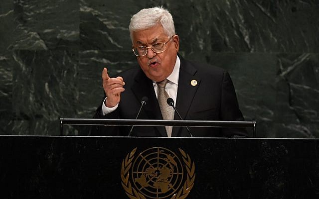 Palestinian Authority President Mahmoud Abbas speaks during the 74th Session of the General Assembly at UN Headquarters in New York on September 26, 2019. (Timothy A. Clark/AFP)