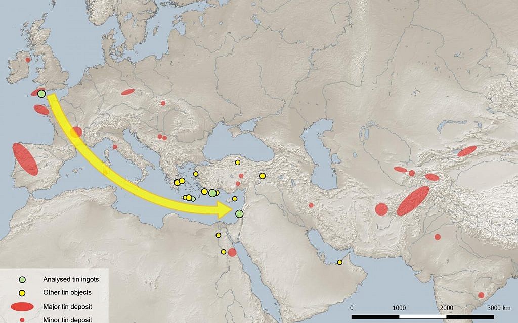 Tin deposits on the Eurasian continent and distribution of tin finds in the area studied dating from 2500-1000 BCE. The arrow does not indicate the actual trade route but merely illustrates the assumed origin of the Israeli tin based on the data. (Credit: Berger et al. 2019; Prepared by Daniel Berger)