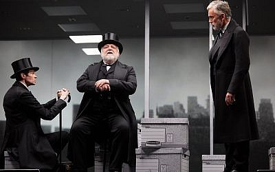British-Jewish actor Adam Godley, left, along with Simon Russell Beale, center, and Ben Miles, in 'The Lehman Trilogy,' at the National Theatre. (Mark Douet)