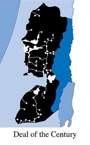 A map of the West Bank that purports to show the final arrangement proposed by the Trump peace plan, with Israeli-controlled areas in blue and white, and a Palestinian state in black. (Facebook screen capture)