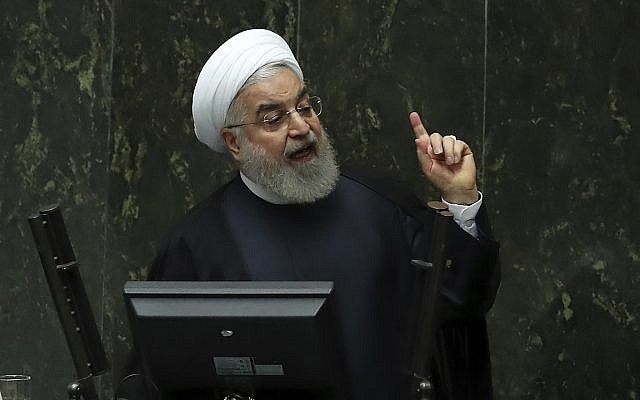 Iranian President Hassan Rouhani speaks at a session of parliament to debate his proposed tourism and education ministers, in Tehran, Iran, September 3, 2019. (AP Photo/Vahid Salemi)