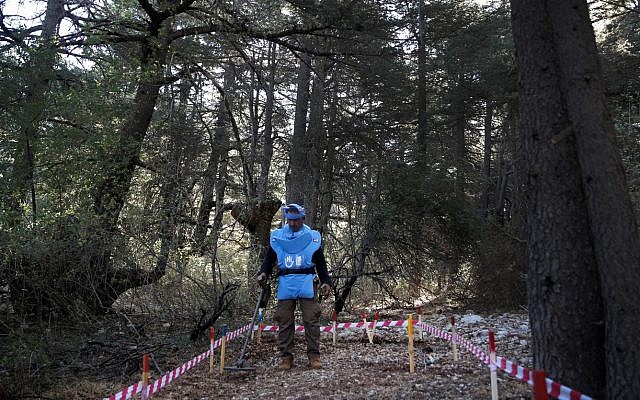 In this Sept. 18, 2019 photo, a Lebanese deminer from Humanity and Inclusion, a French-based international non-governmental organization, uses a mine detector at a cedar forest, in Hadath El-Jebbeh, north Lebanon (AP Photo/Hussein Malla)