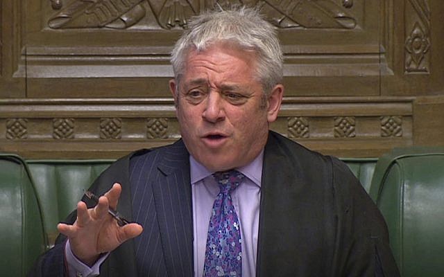 In this grab taken from video, Speaker John Bercow gestures during Prime Minister's Questions in the House of Commons, London, April 3, 2019 (House of Commons/PA via AP)