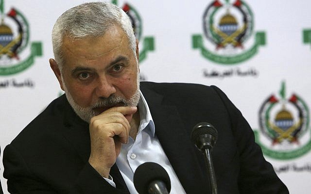 Hamas leader Ismail Haniyeh attends a meeting with foreign reporters at al-Mat'haf hotel in Gaza City, June 20, 2019. (AP Photo/ Adel Hana)