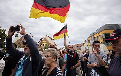 An election campaign rally for Alternative for Germany, or AfD, for the Saxony state elections in Bautzen, Germany, August 15, 2019. (AP Photo/Markus Schreiber)