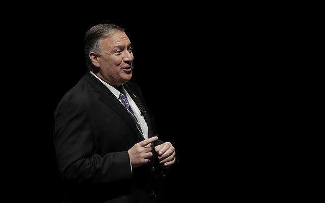 Secretary of State Mike Pompeo answers a question from an audience member after giving a speech at the London Lecture series at Kansas State University Friday, Sept. 6, 2019, in Manhattan, Kan. (AP Photo/Charlie Riedel)