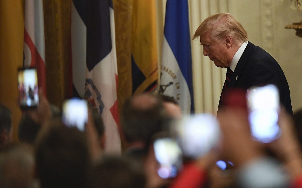 US President Donald Trump walks off of the stage to greet the audience after speaking at the Hispanic Heritage Month Reception in the East Room of the White House in Washington, Friday, Sept. 27, 2019. (AP/Susan Walsh)