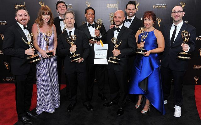 Josh Gondelman, far right, poses for a portrait during night two of the Television Academy’s 2016 Creative Arts Emmy Awards at the Microsoft Theater on Sunday, September 11, 2016 in Los Angeles. (Photo by Vince Bucci/Invision for the Television Academy/AP Images)