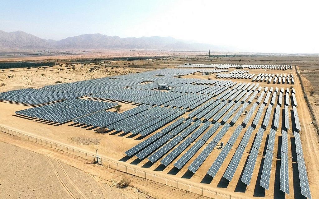 An aerial view of solar panels near the southern resort city of Eilat. (Moshe Shai/FLASH90)