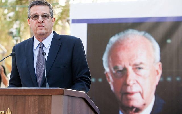 Yuval Rabin, son of the late Israeli prime minister Yitzhak Rabin, speaks at a memorial service marking 22 years since his assasination, held at Mount Herzl cemetery in Jerusalem. November 1, 2017. (Marc Israel Sellem/POOL)