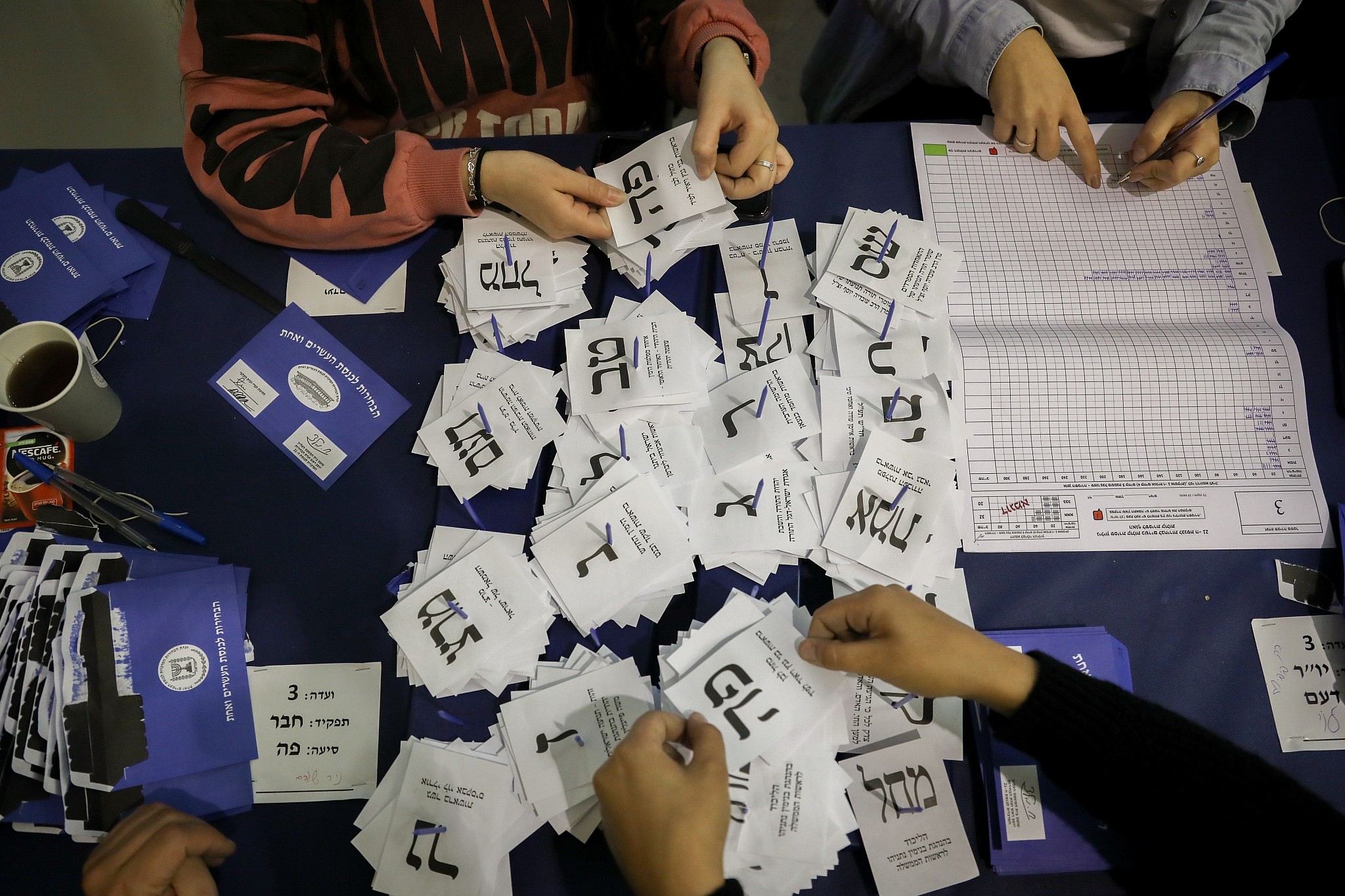 The remaining ballots from soldiers and absentees being counted at the Knesset on April 10, 2019, a day after the general elections, (Noam Revkin Fenton/Flash90)