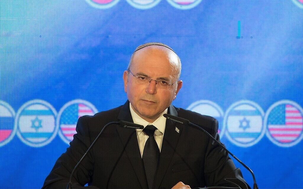 Meir Ben-Shabbat, then head of the National Security Council, speaks at a trilateral meeting of the Israeli, US and Russian national security advisers, in Jerusalem on June 25, 2019. (Noam Revkin Fenton/Flash90)