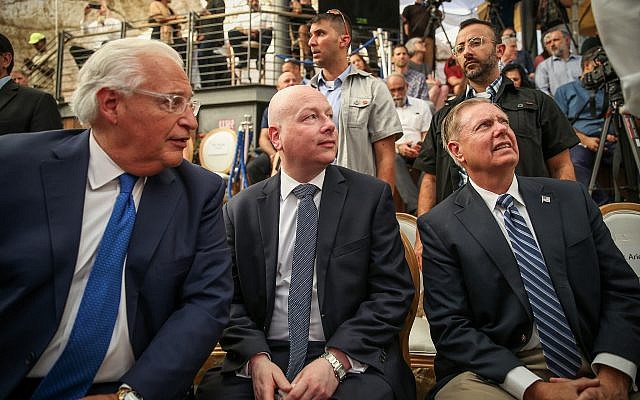 White House Middle East envoy Jason Greenblatt (center), with US Ambassador to Israel David Friedman and Senator Lindsey Graham at the opening of an ancient road at the City of David archaeological site in the East Jerusalem neighborhood of Silwan, June 30, 2019. (Flash90)