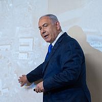 Prime Minister Benjamin Netanyahu delivers a statement to the press regarding the Iranian nuclear program, at the Ministry of Foreign Affairs in Jerusalem, September 9, 2019. (Yonatan Sindel/Flash90)