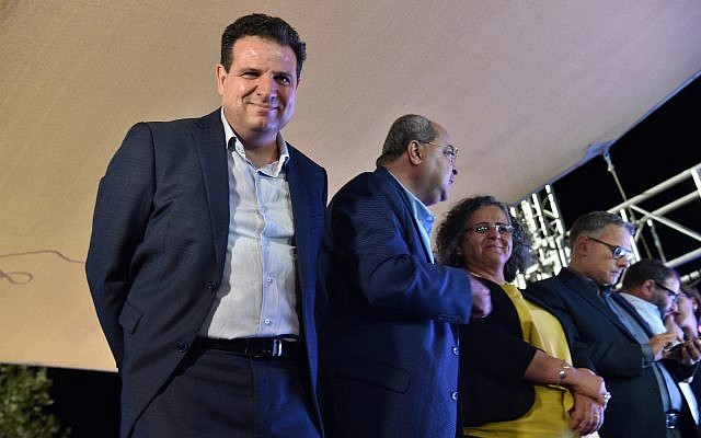 Head of the Joint List party MK Ayman Odeh reacts as the first results in the Knesset elections are announced, September 17, 2019. (Basel Awidat/FLASH90)
