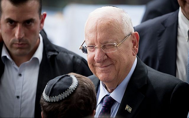 President Reuven Rivlin at a memorial ceremony for the late president Shimon Peres at Mount Herzl cemetery in Jerusalem on September 19, 2019. (Yonatan Sindel/Flash90)