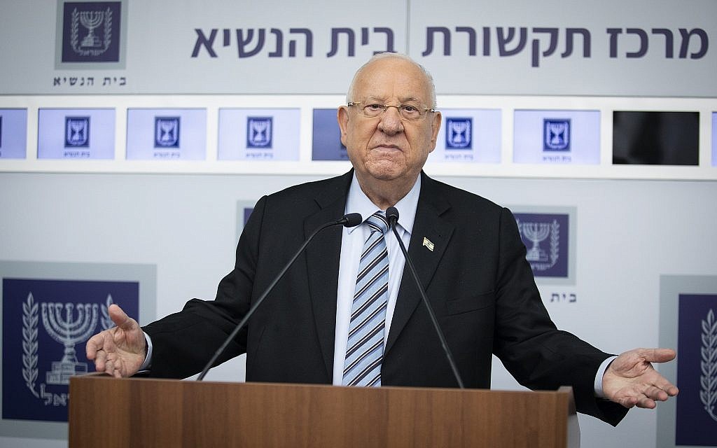 President Reuven Rivlin at the President's Residence in Jerusalem on September 23, 2019, after holding consultation meetings with political leaders to decide whom to task with trying to form a new government. (Hadas Parush/Flash90)