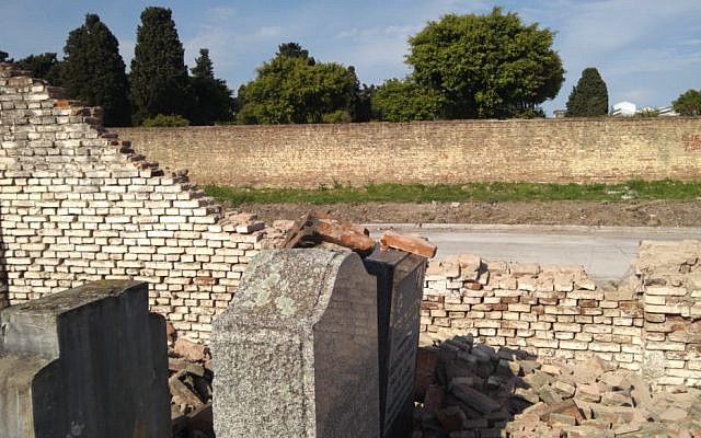 This photograph from the Argentinian Israelite Mutual Association shows damage to a Jewish cemetery in La Tablada, Argentina, which was vandalized on September 28, 2019. (AMIA)