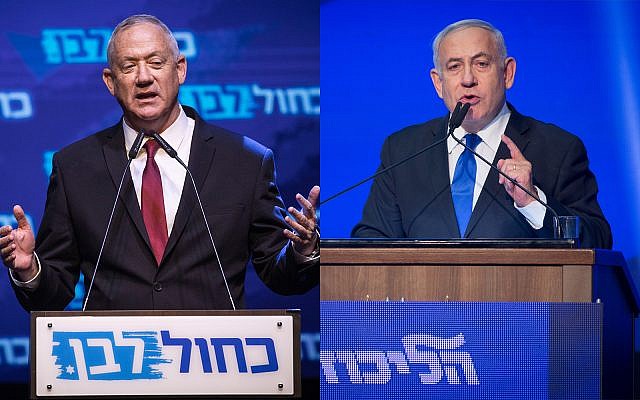 Blue and White chairman Benny Gantz, left, and Prime Minister Benjamin Netanyahu, right, speak on election night in Tel Aviv at separate party events, September 18, 2019. (Miram Alster, Hadas Parush/Flash90)