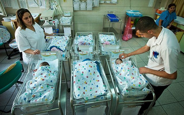 Illustrative: newborn babies at the Department of Gynecology at the English Mission Hospital, in Nazareth, October 31, 2012. (Moshe Shai/Flash90)