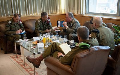 IDF chief Aviv Kohavi (second left) meets with the head of UNIFIL Stefano Del Col in the Israeli military's Tel Aviv headquarters on September 1, 2019. (Israel Defense Forces)